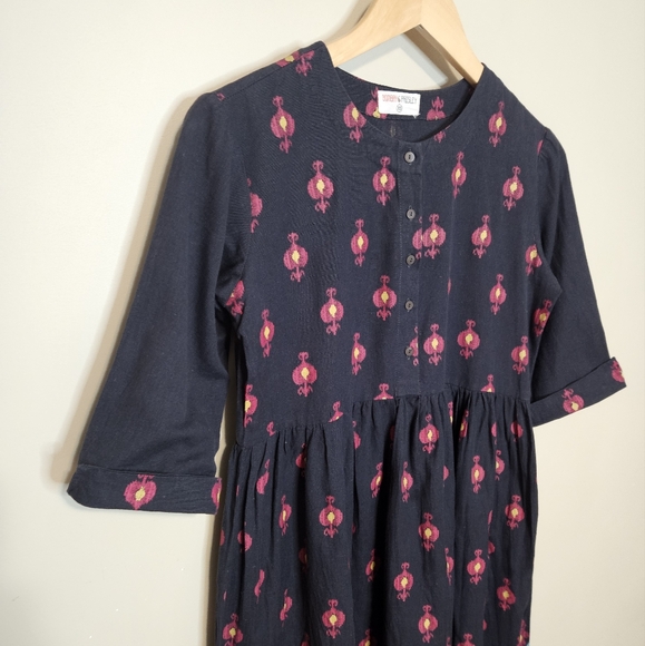 Bombay Paisley Floral Boho Maxi Dress Cotton Linen Navy Blue Button Front S XS - Picture 3 of 7